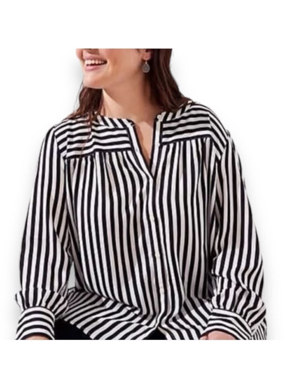 LOFT Petite Black and Cream Verticle Striped Button Up Top - Medium Petite